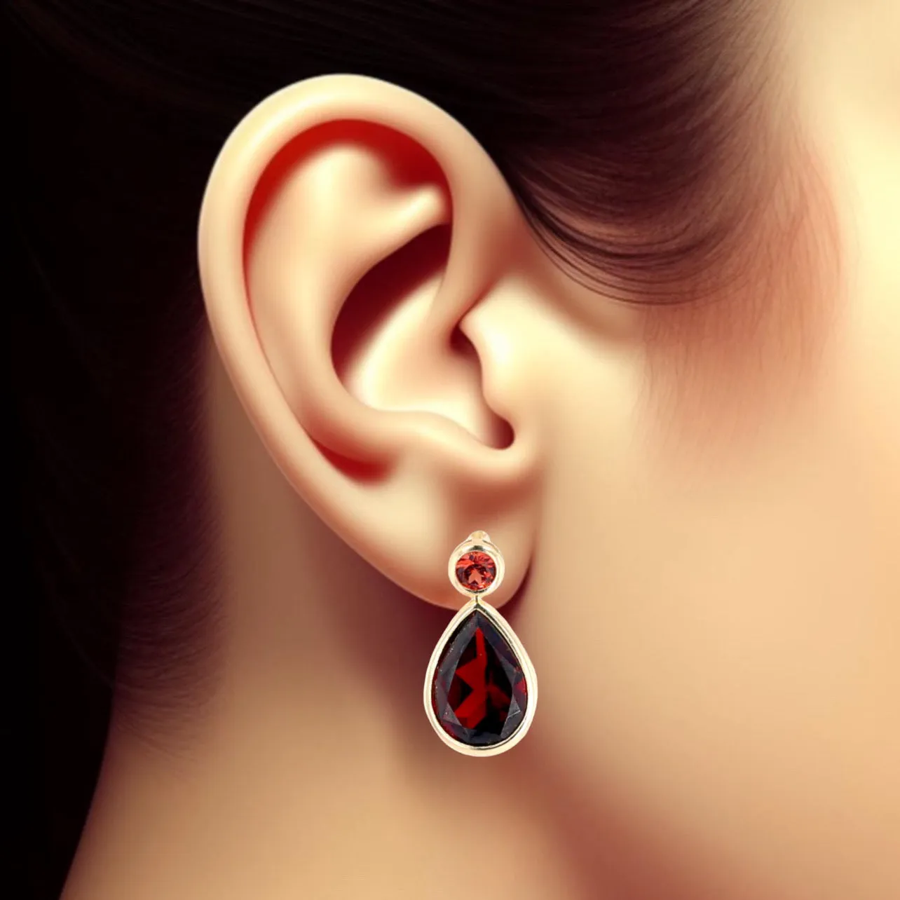 10k yellow gold drop tear red natural garnet earrings-972