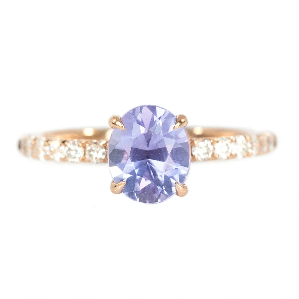 1.76ct Light Purple Oval Sapphire Solitaire with French Set Diamonds In Rose Gold