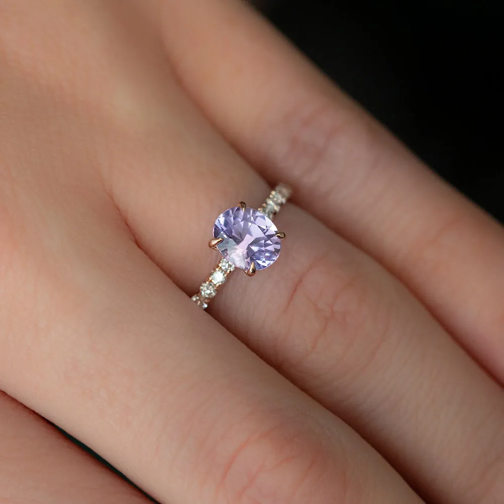 1.76ct Light Purple Oval Sapphire Solitaire with French Set Diamonds In Rose Gold