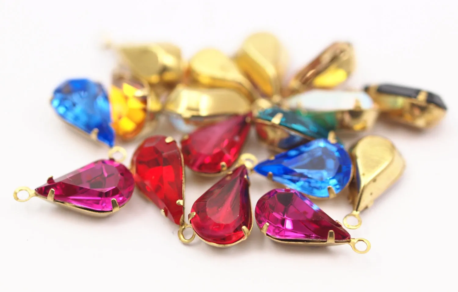 5 Fuchsia Swarovski Crystal Drop with Raw Brass Prong Setting 13x8 mm