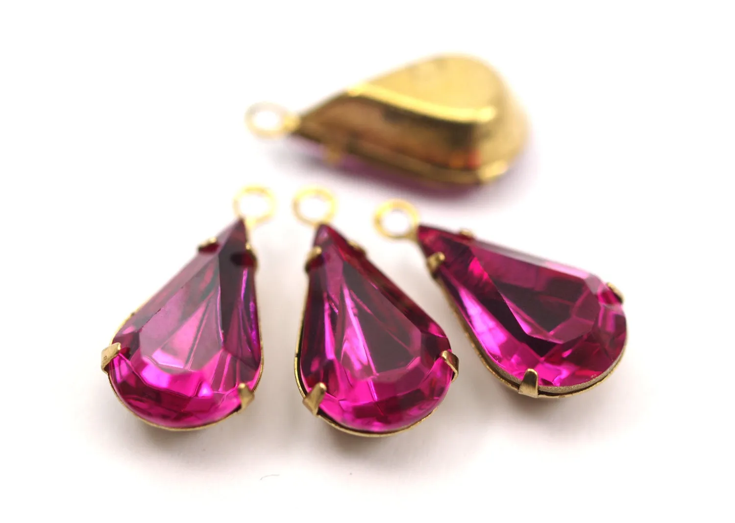 5 Fuchsia Swarovski Crystal Drop with Raw Brass Prong Setting 13x8 mm