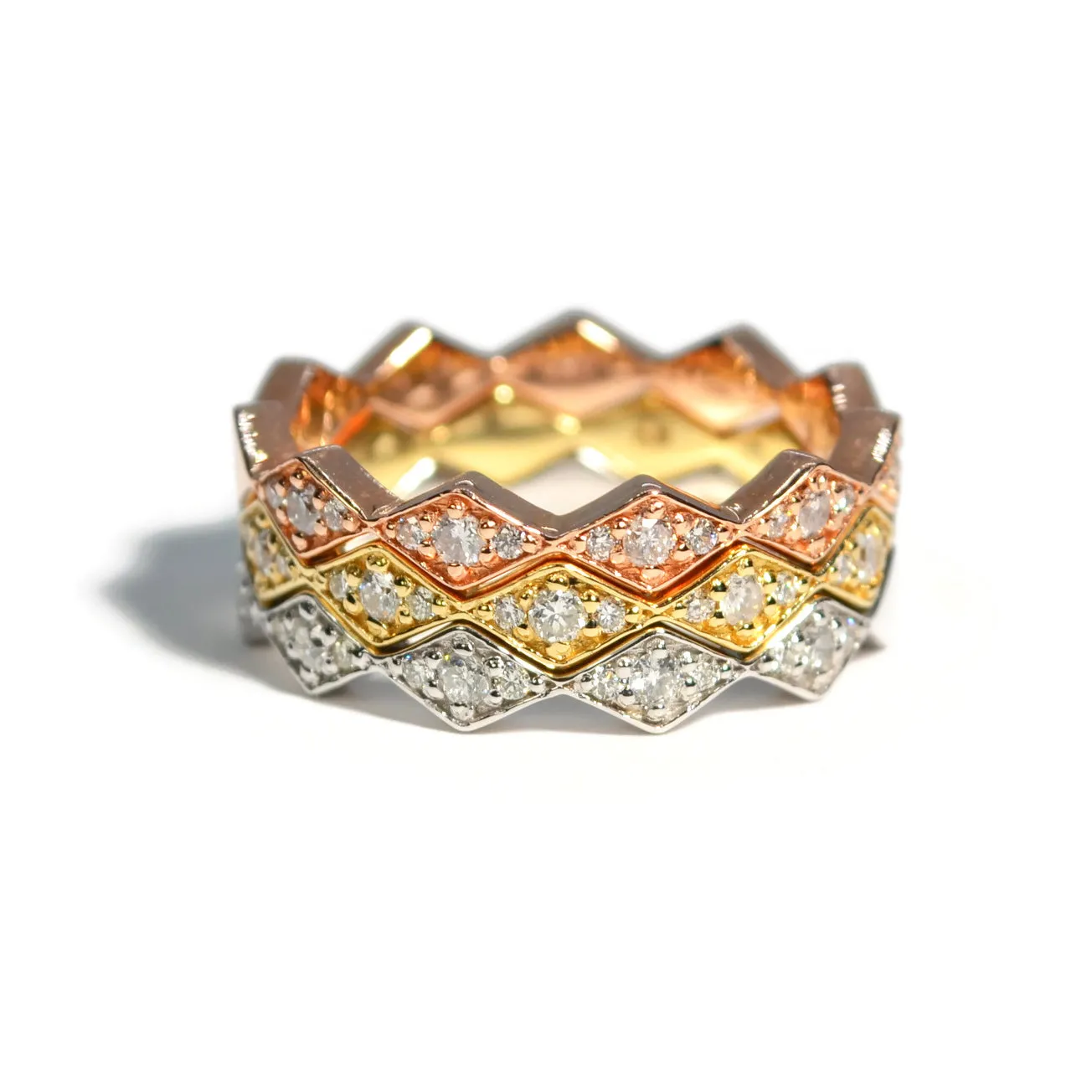 AFJ Diamond Collection - Diamond Tri Band Ring with Yellow, Rose and White Gold