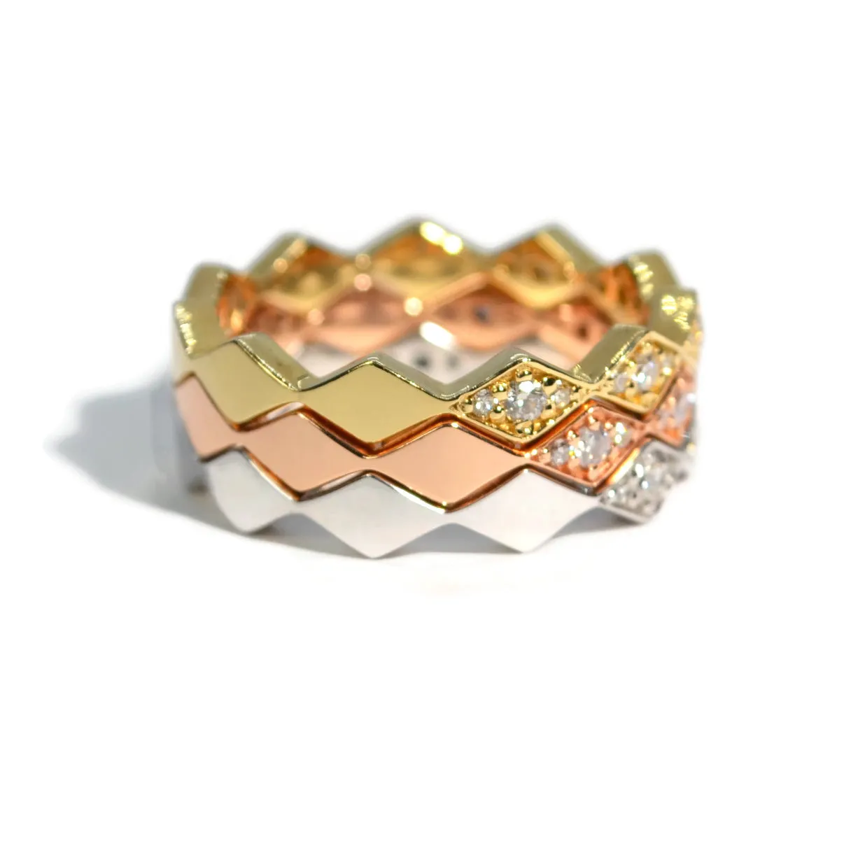 AFJ Diamond Collection - Diamond Tri Band Ring with Yellow, Rose and White Gold