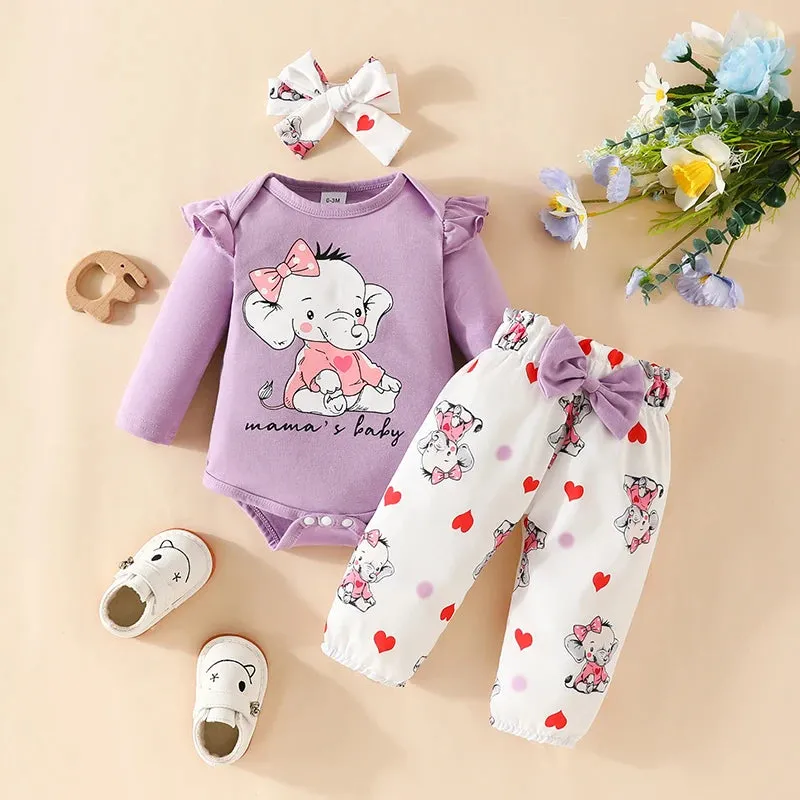 Baby Girl 0-18 Months-3pc Elephant Cartoon Bodysuit Outfit