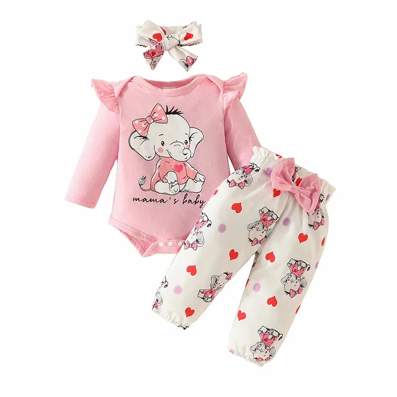 Baby Girl 0-18 Months-3pc Elephant Cartoon Bodysuit Outfit