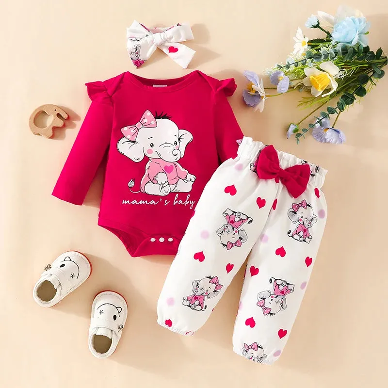 Baby Girl 0-18 Months-3pc Elephant Cartoon Bodysuit Outfit