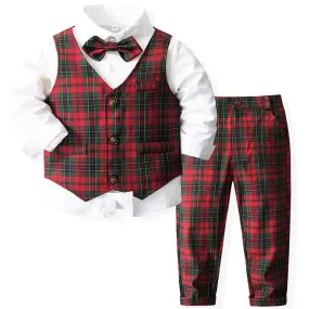 Boys 4pc Gentleman Plaid Vest-Pants-Top Clothing Set