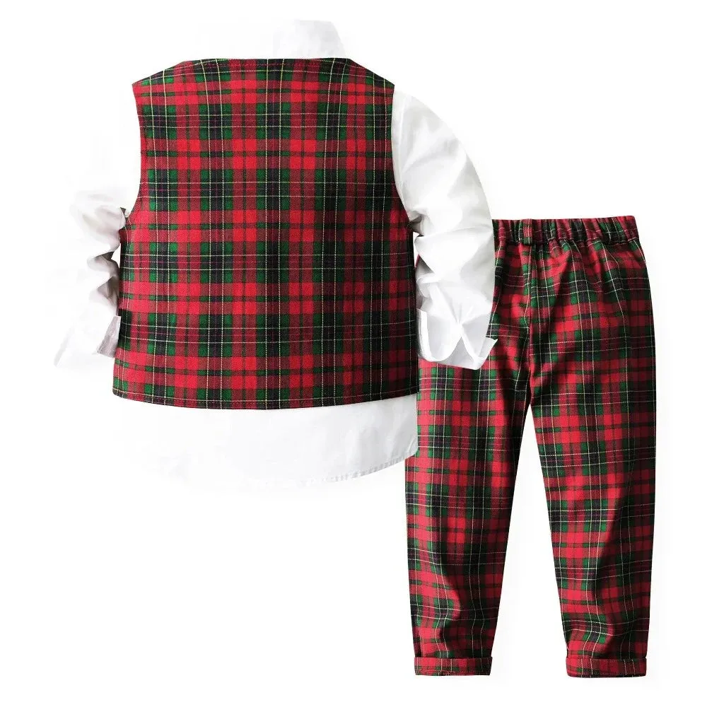 Boys 4pc Gentleman Plaid Vest-Pants-Top Clothing Set