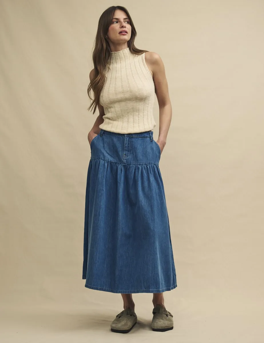 Denim Mid Wash Tiered Midi Skirt