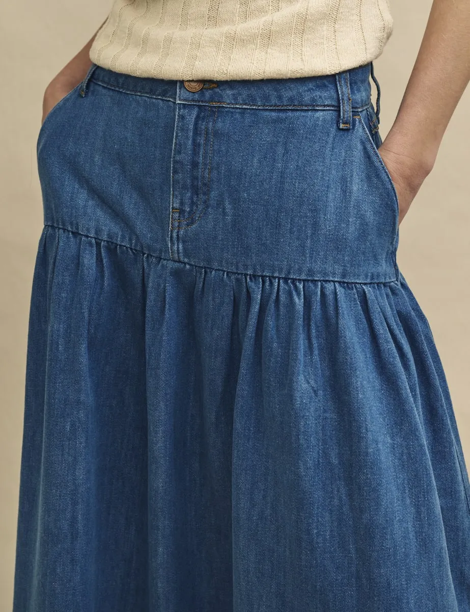 Denim Mid Wash Tiered Midi Skirt