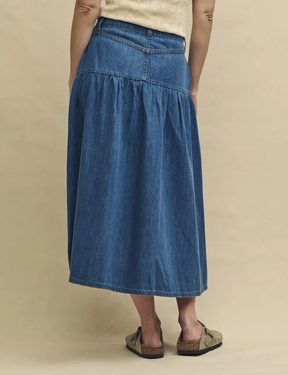 Denim Mid Wash Tiered Midi Skirt