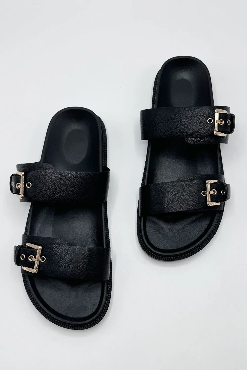 Elise 2 Band Gold Buckle Flat Slider in Black