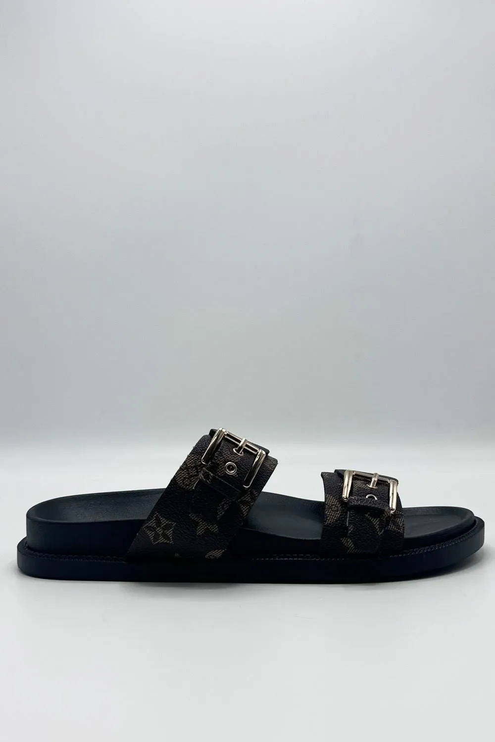 Elise 2 Band Gold Buckle Flat Slider in Chocolate