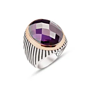 Facet Cut Amethyst Stone Ellipse Silver Men’s Ring Siding Striped Pattern