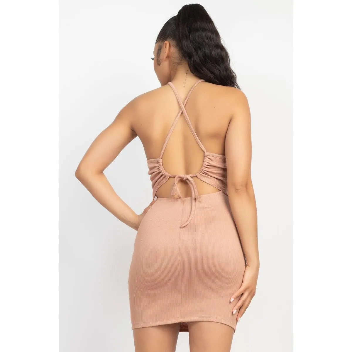 Halter Neck Ribbed Seamless Cut-out Dress