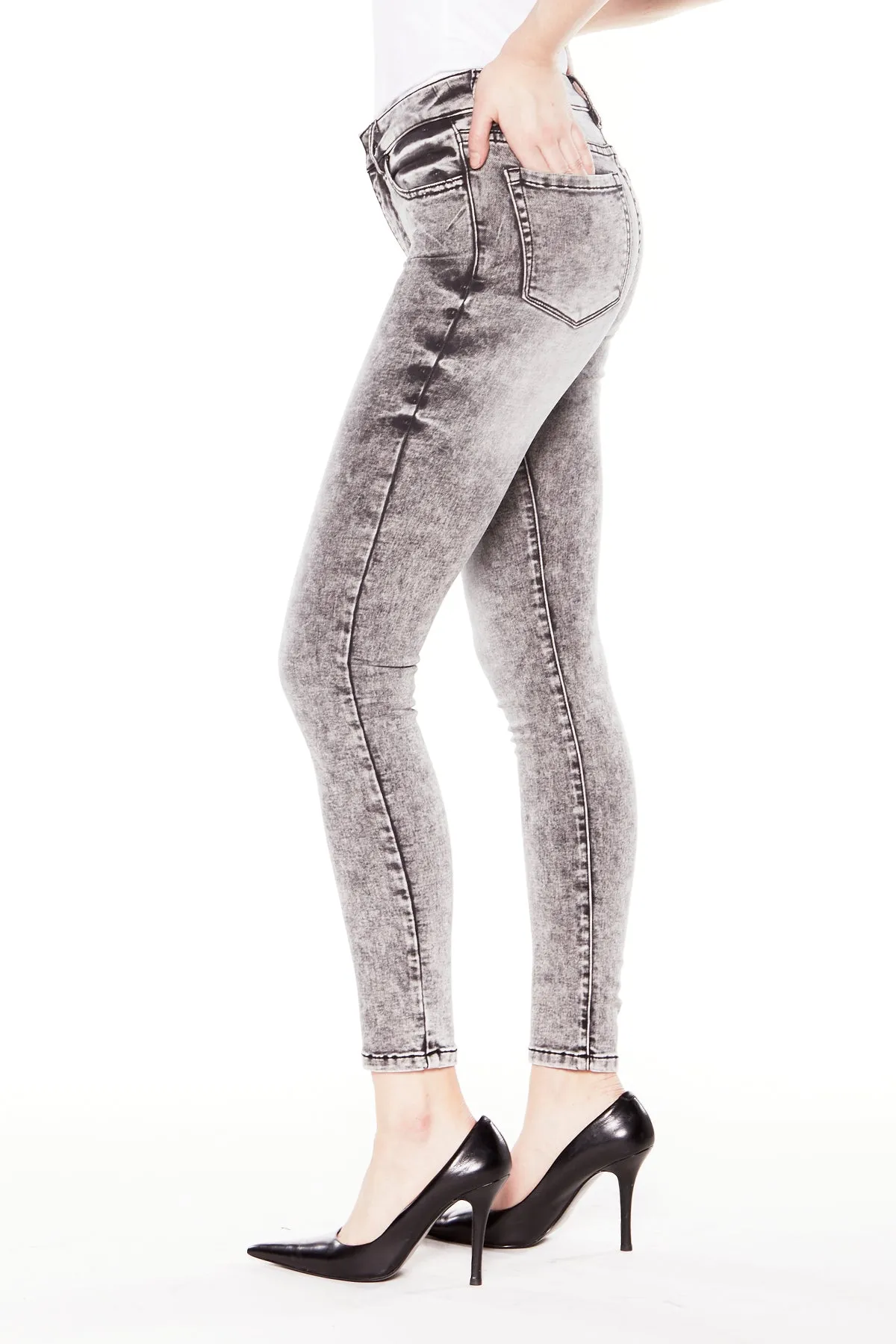 JAMIE - Mid Rise Cropped Jeans - Dark Grey Acid Wash