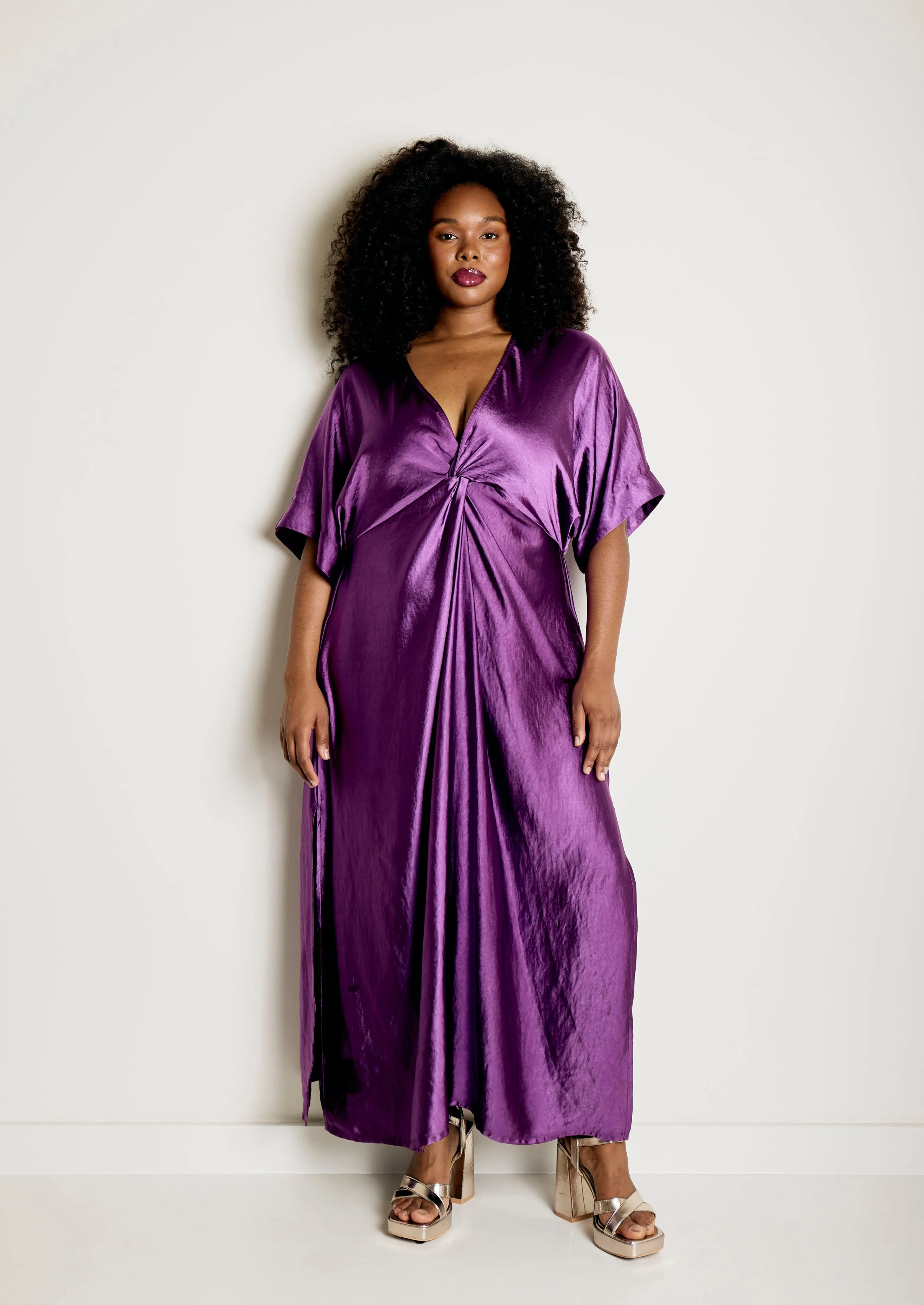 Knot Detail Kaftan Dress in Satin in purple