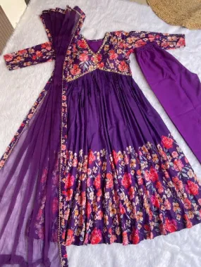 Purple Alia Cut Cotton Lily Print Anarkali Suit Set