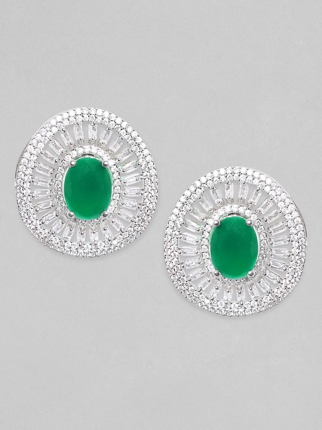 Rubans Silver-Plated & Green Stone Classic Stud Earrings