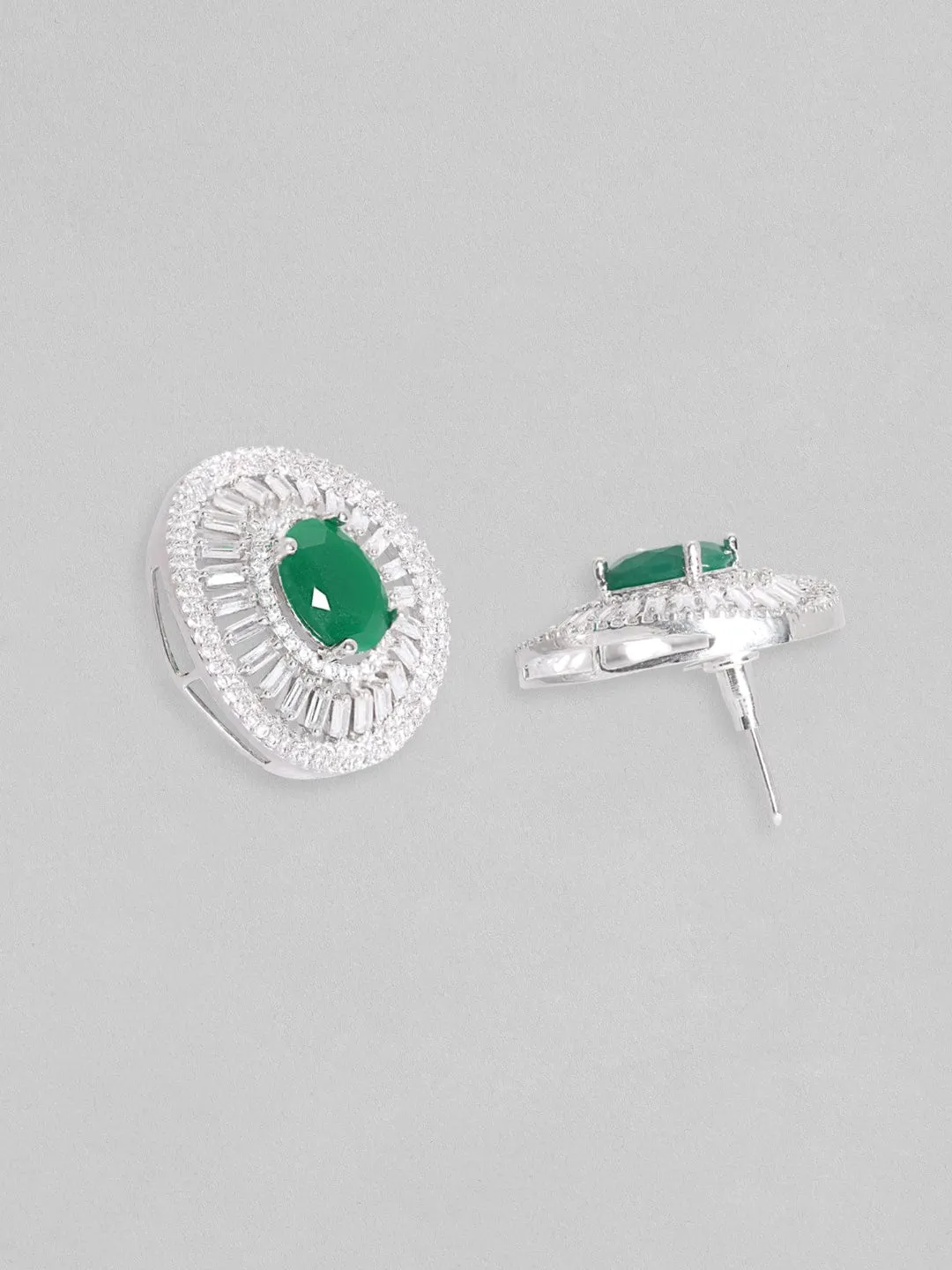 Rubans Silver-Plated & Green Stone Classic Stud Earrings