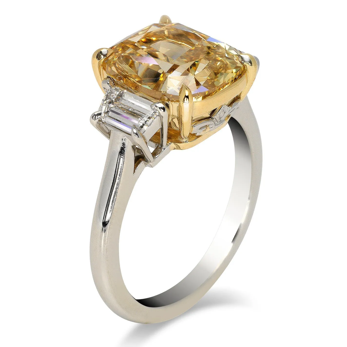 SARI 6 CARAT CUSHION CUT NATURAL FANCY DEEP BROWNISH YELLOW DIAMOND ENGAGEMENT RING PLATINUM & 18K GOLD GIA CERTIFIED 6 CT FDBG SI1 BY MIKE NEKTA