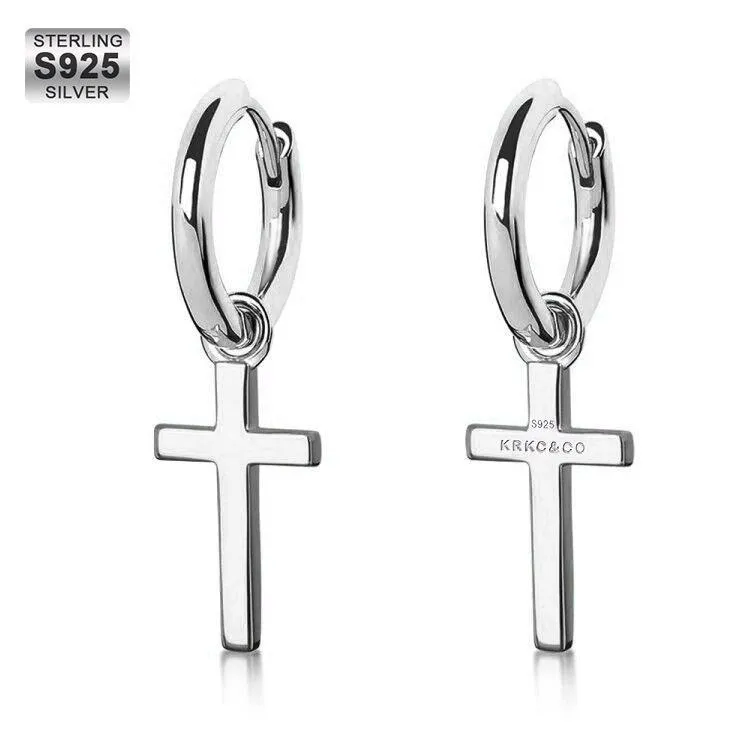 Sterling Silver Dangle Cross Hoop Mens Earrings