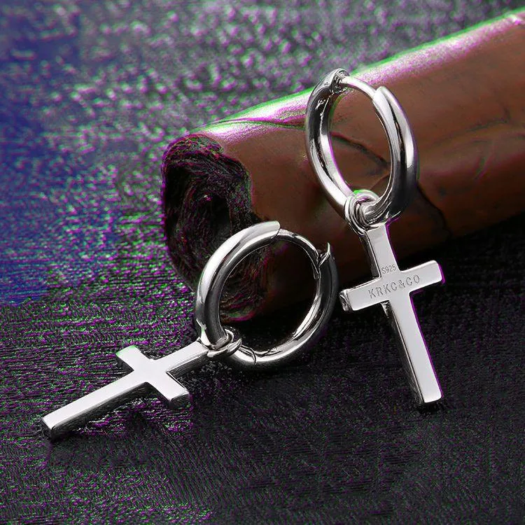 Sterling Silver Dangle Cross Hoop Mens Earrings