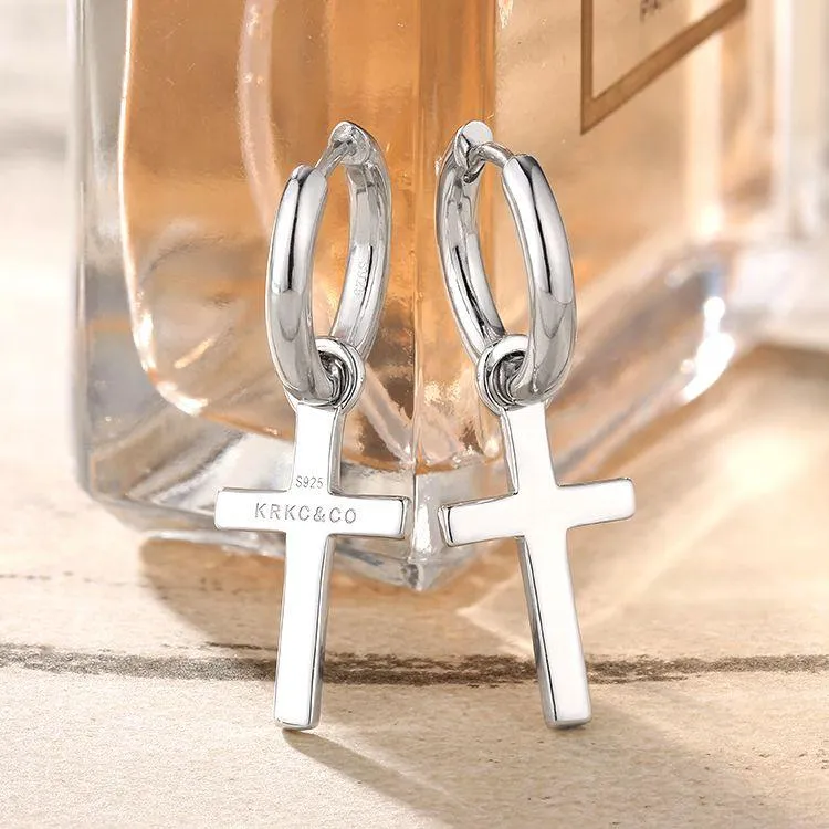 Sterling Silver Dangle Cross Hoop Mens Earrings