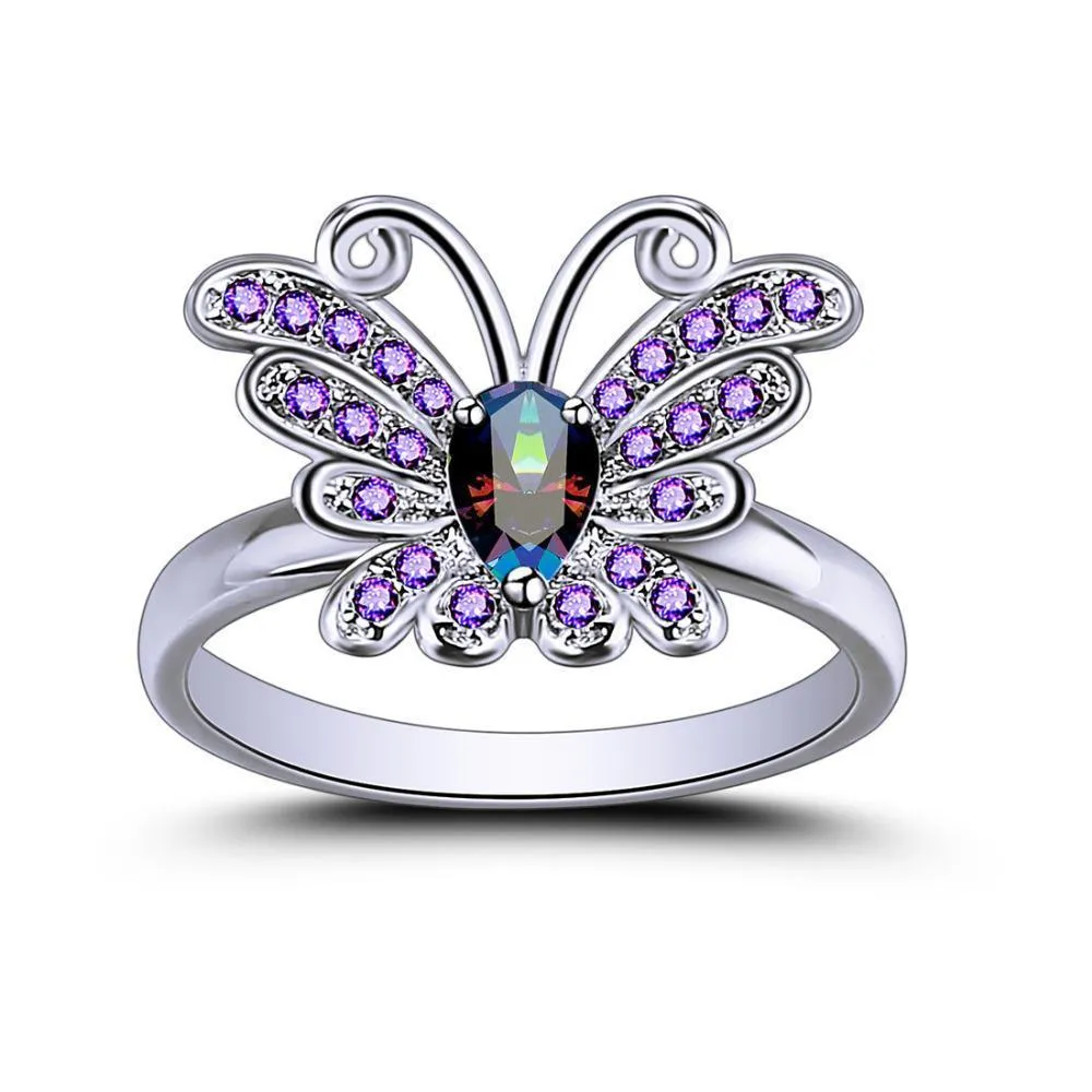 Sterling Silver Mystic Topaz and Amethyst Butterfly Ring