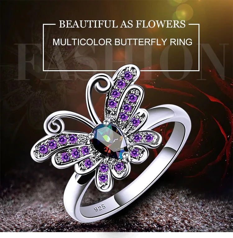 Sterling Silver Mystic Topaz and Amethyst Butterfly Ring