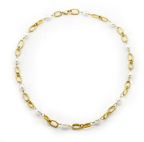 Yellow Gold Pearl Link Necklace